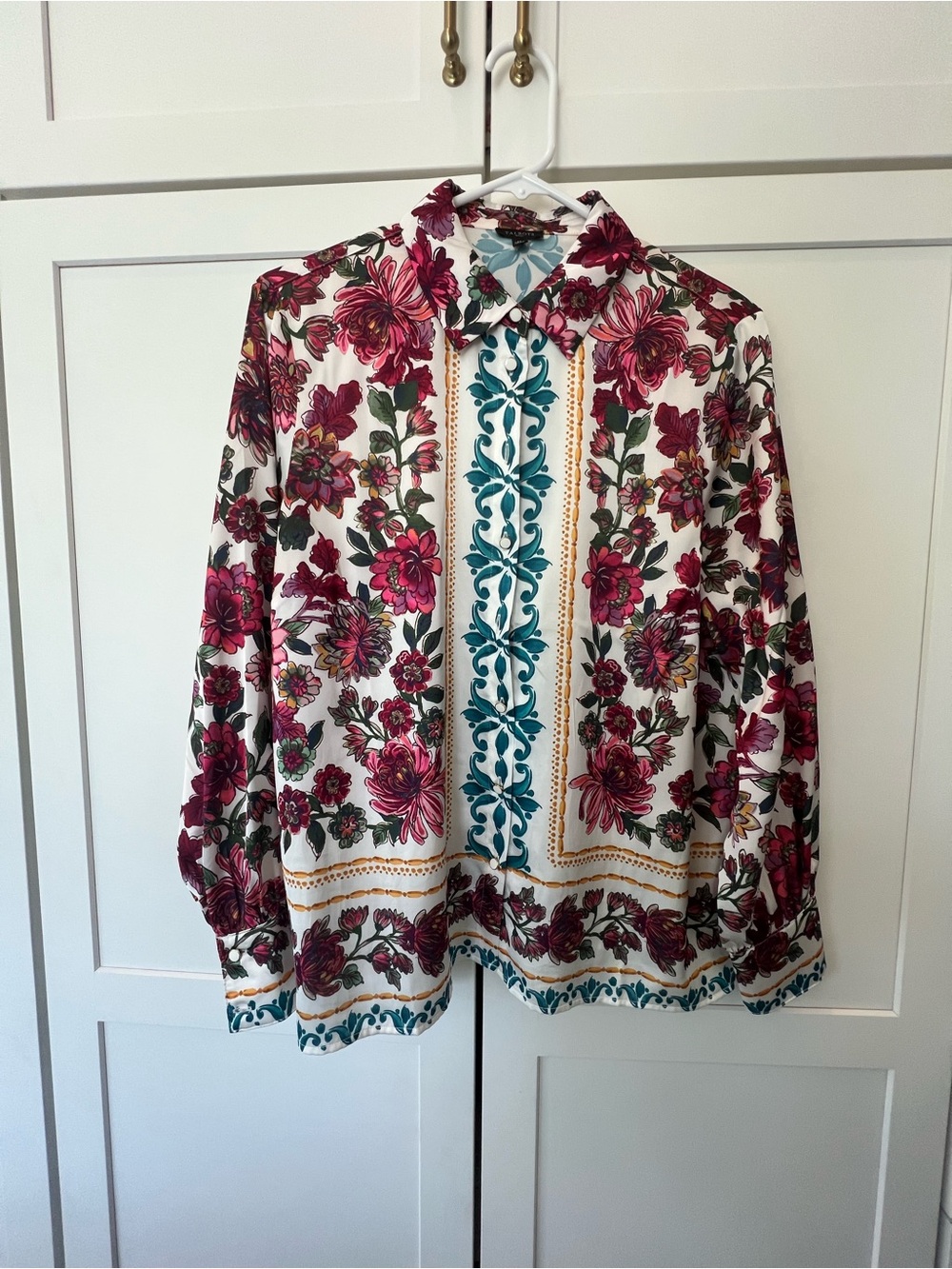 Talbots White Blouse with Pink Floral and Teal Scroll Pattern